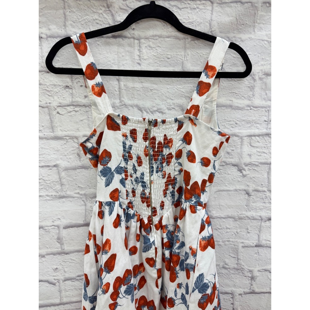 Reformation Balia Linen Strawberry Print Basque Waist Midi Dress White Red Sz 2 - Picture 16 of 16